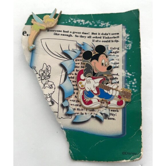 Disney Mickey Guitar & Tinker Bell Pins On Storybook Background As Is Lapel Pin - Picture 1 of 3